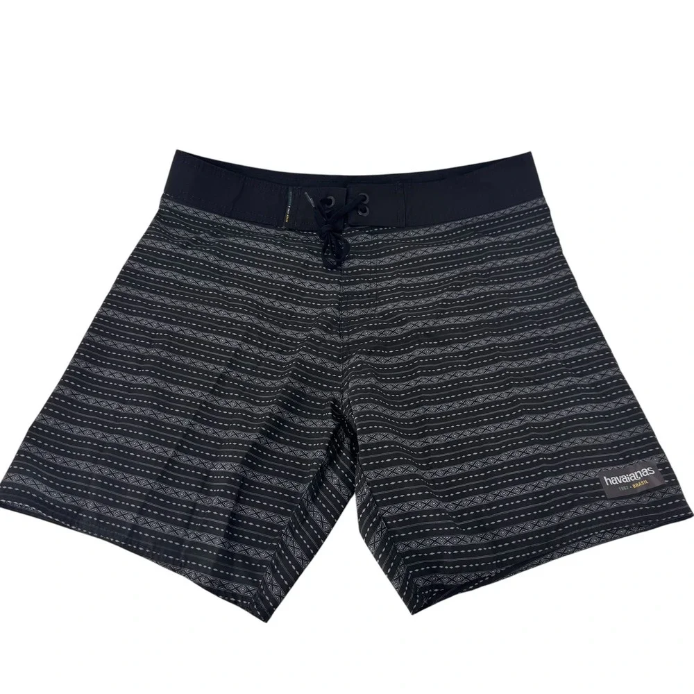 Havaianas Mens Geometric Stripe Board Shorts Black Grey Swim Trunks‎ Size XS